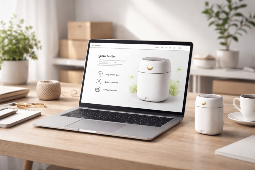 Arbeitsplatz eines Online-Sellers mit Laptop und Produktbild – Verkaufsbilder ohne Studio