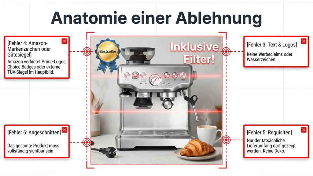 Amazon Hauptbild Ablehnung Infografik Fehler Beispiele Text Overlay Logos Requisiten abgeschnitten Produkt