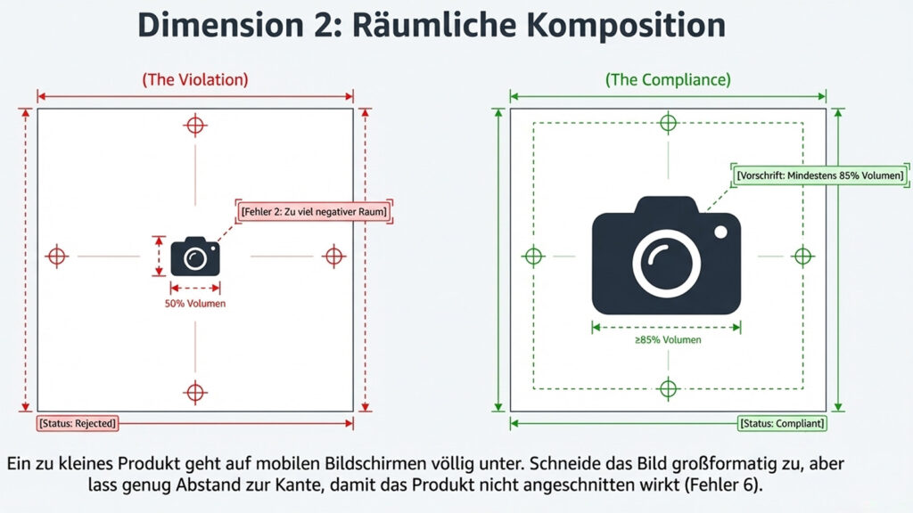 Amazon Hauptbild Komposition Infografik 85 Prozent Bildfüllung vs zu kleines Produkt Fehler Vergleich