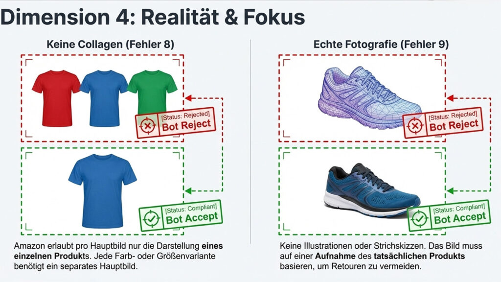 Amazon Hauptbild Regeln keine Collagen echtes Produktfoto vs Illustration Fehler Beispiel Infografik
