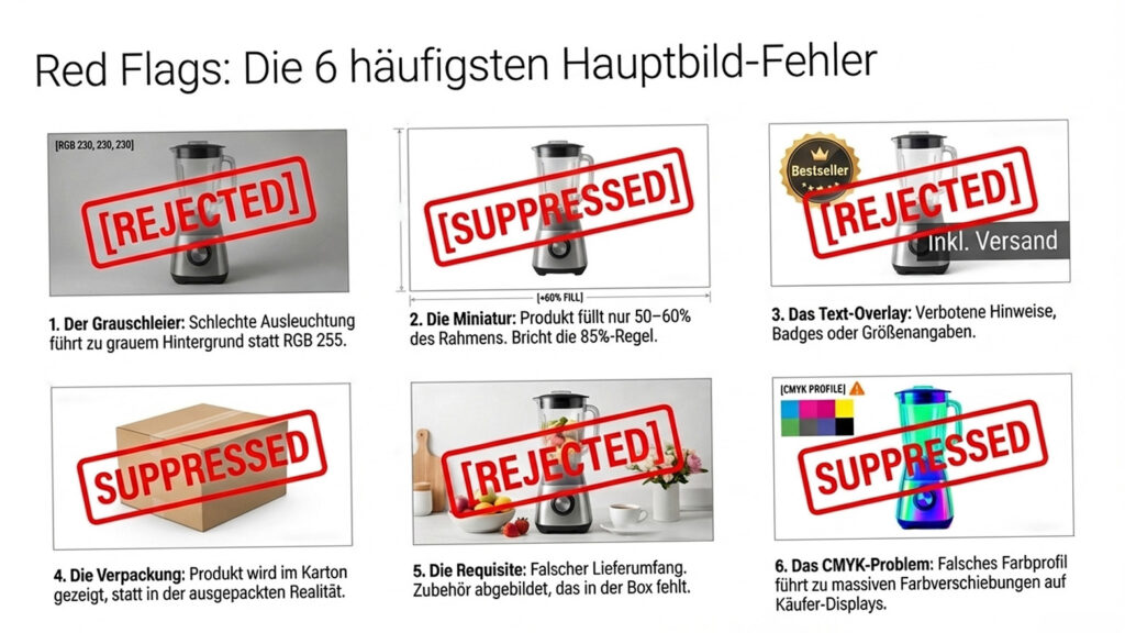 Amazon Hauptbild Fehler Infografik 6 häufigste Fehler Grauschleier falsche Größe Text Overlay Verpackung CMYK