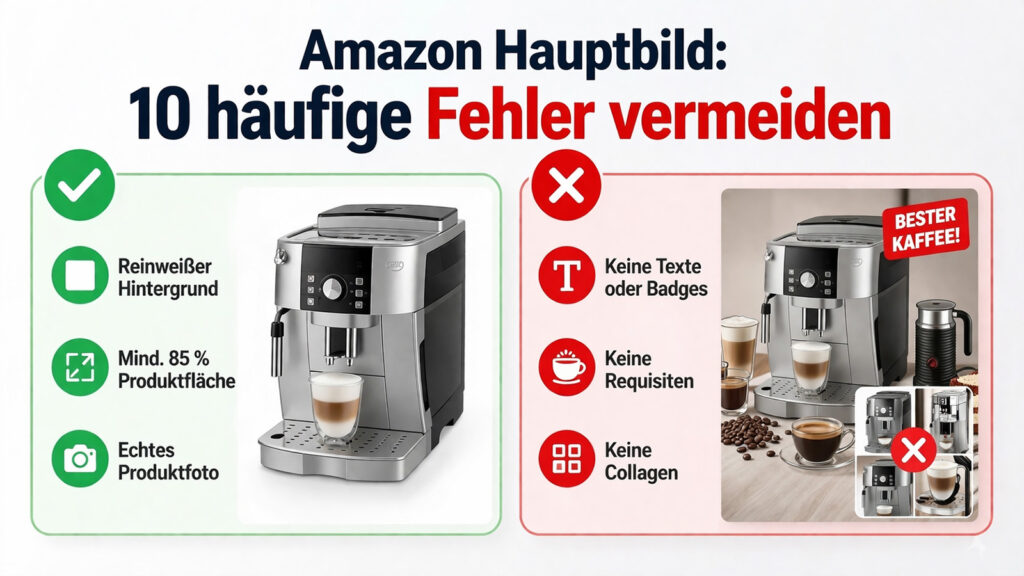 Amazon Hauptbild Regeln Infografik Fehler vermeiden weißer Hintergrund 85 Prozent Produktfläche keine Texte