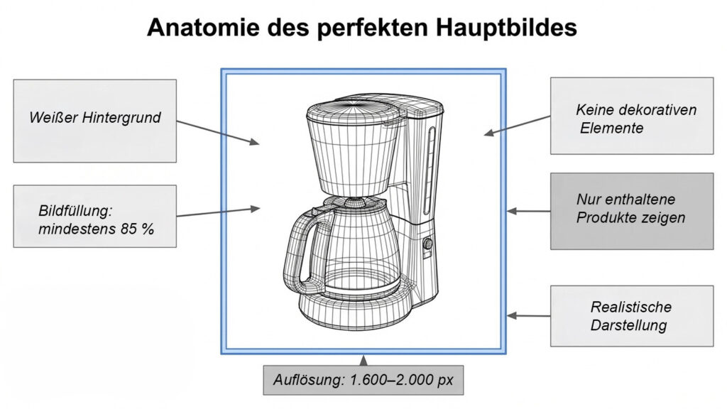 Amazon Hauptbild Regeln Infografik weißer Hintergrund 85 Prozent Bildfüllung keine dekorativen Elemente