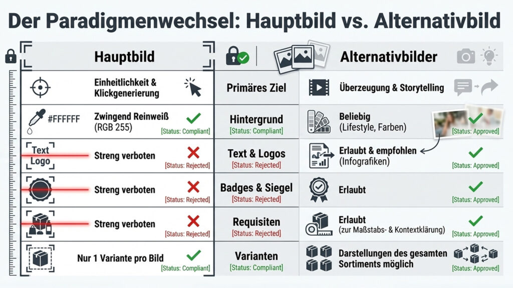 Amazon Hauptbild vs Alternativbilder Vergleich Infografik Regeln Unterschiede Text Logos Requisiten erlaubt verboten