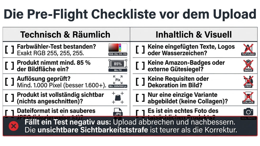 Amazon Hauptbild Checkliste Infografik Upload prüfen RGB 255 Bildfüllung keine Texte keine Requisiten
