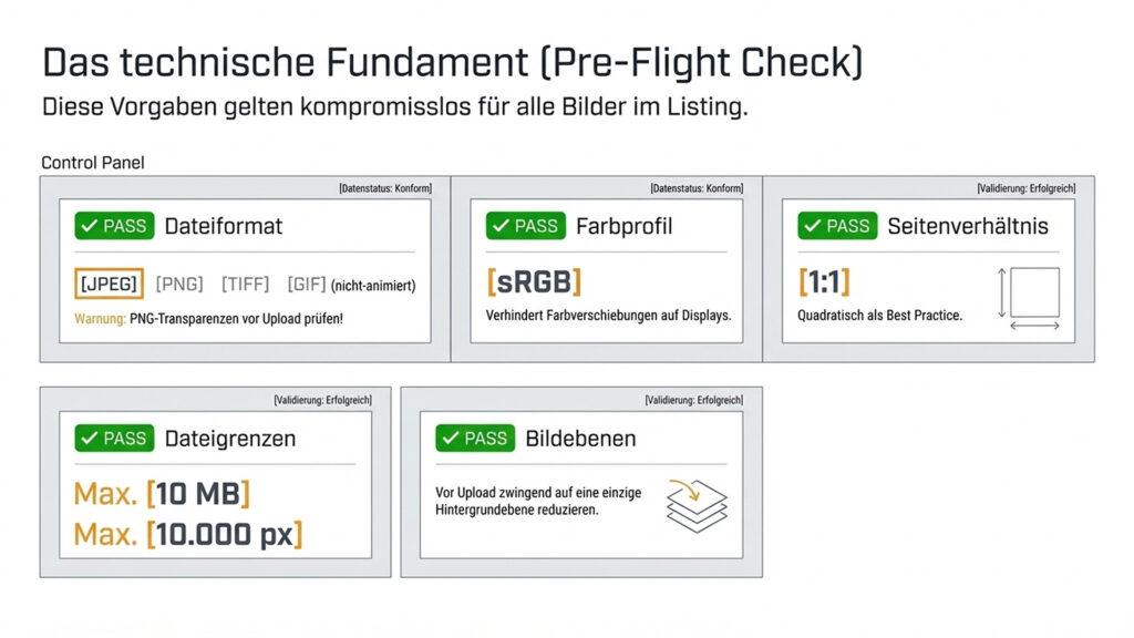 Amazon Produktbilder technische Anforderungen Infografik JPEG sRGB 1 zu 1 Seitenverhältnis Upload Regeln