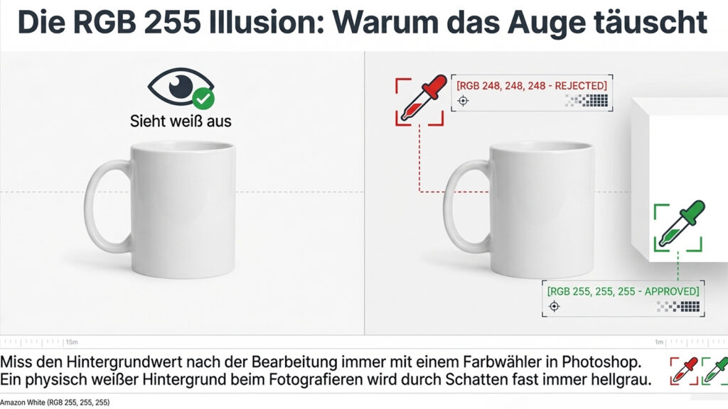 Amazon weißer Hintergrund RGB 255 vs 248 Infografik Produktbild Fehler Farbwert Photoshop Kontrolle