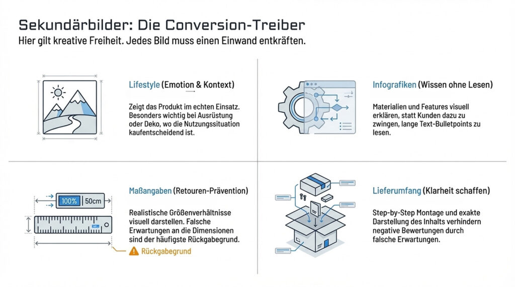Amazon Sekundärbilder Guide Infografik Lifestyle Anwendung Maße Lieferumfang für bessere Conversion