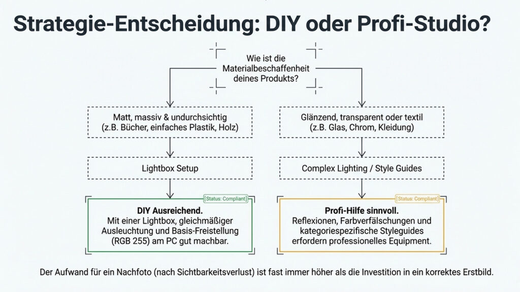 DIY vs Profi Produktfotografie Infografik wann Lightbox reicht und wann Studio nötig ist Amazon Bilder
